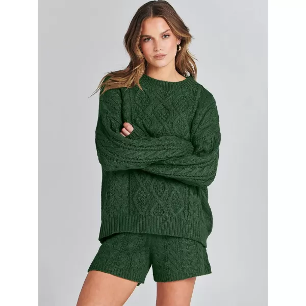 imageANRABESS Womens 2 Piece Outfits Long Sleeve Cable Knit Chunky Oversized Pullover Sweaters Winter Lounge Loungewear SetsDeep Green