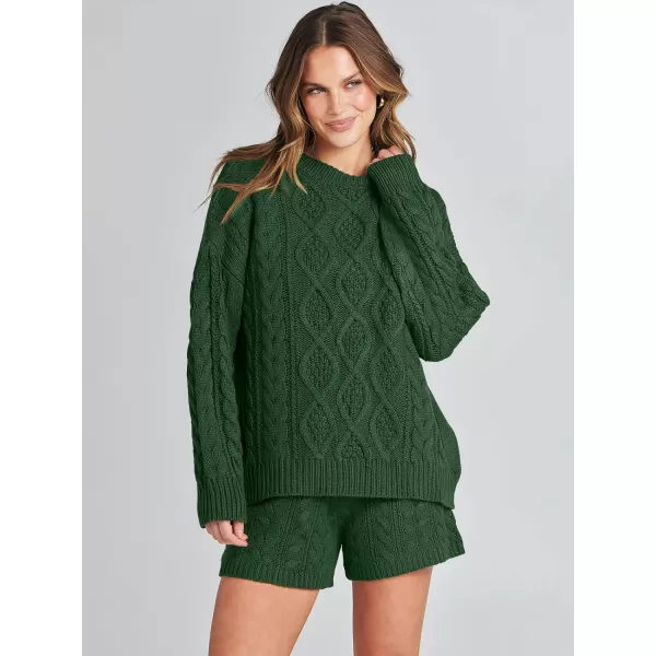imageANRABESS Womens 2 Piece Outfits Long Sleeve Cable Knit Chunky Oversized Pullover Sweaters Winter Lounge Loungewear SetsDeep Green
