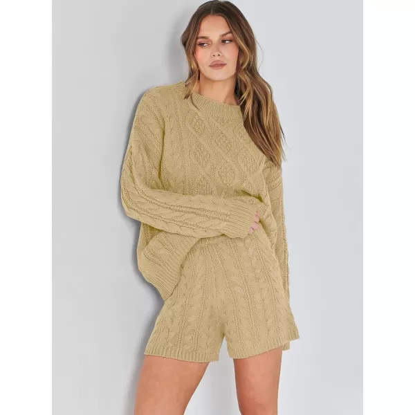 imageANRABESS Womens 2 Piece Outfits Long Sleeve Cable Knit Chunky Oversized Pullover Sweaters Winter Lounge Loungewear SetsKhaki