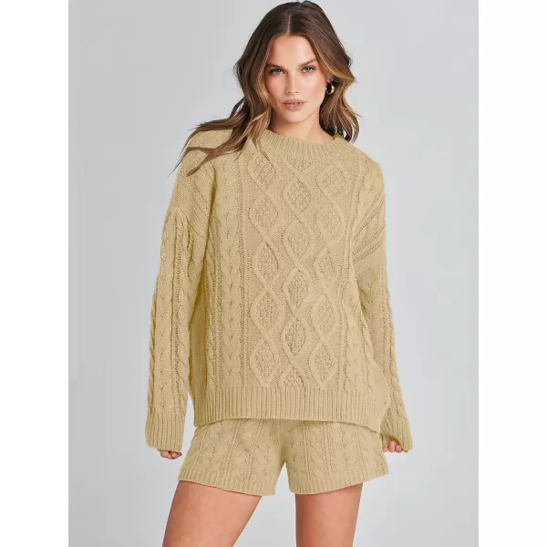 imageANRABESS Womens 2 Piece Outfits Long Sleeve Cable Knit Chunky Oversized Pullover Sweaters Winter Lounge Loungewear SetsKhaki