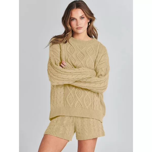 imageANRABESS Womens 2 Piece Outfits Long Sleeve Cable Knit Chunky Oversized Pullover Sweaters Winter Lounge Loungewear SetsKhaki