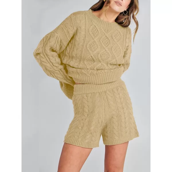 imageANRABESS Womens 2 Piece Outfits Long Sleeve Cable Knit Chunky Oversized Pullover Sweaters Winter Lounge Loungewear SetsKhaki