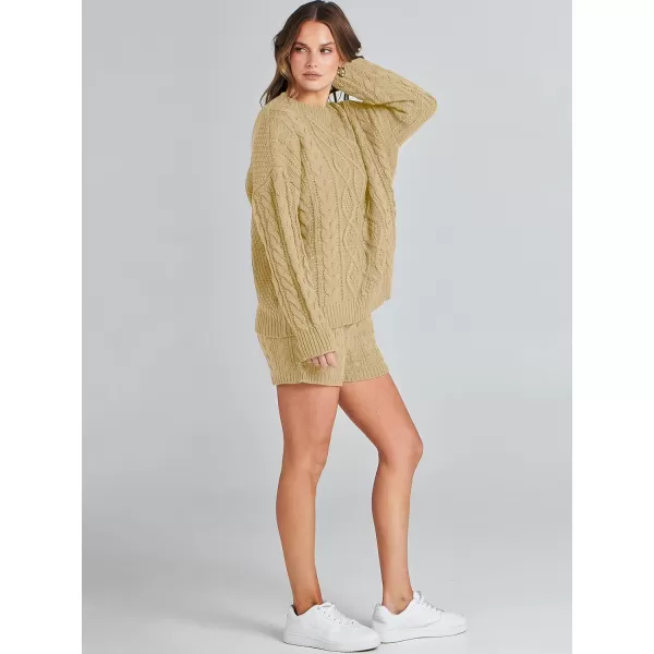 imageANRABESS Womens 2 Piece Outfits Long Sleeve Cable Knit Chunky Oversized Pullover Sweaters Winter Lounge Loungewear SetsKhaki