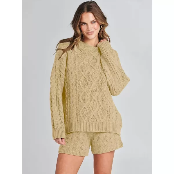 imageANRABESS Womens 2 Piece Outfits Long Sleeve Cable Knit Chunky Oversized Pullover Sweaters Winter Lounge Loungewear SetsKhaki