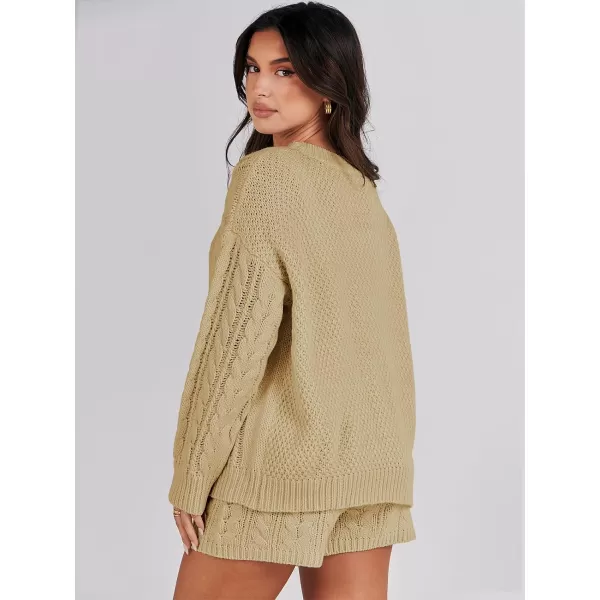 imageANRABESS Womens 2 Piece Outfits Long Sleeve Cable Knit Chunky Oversized Pullover Sweaters Winter Lounge Loungewear SetsKhaki
