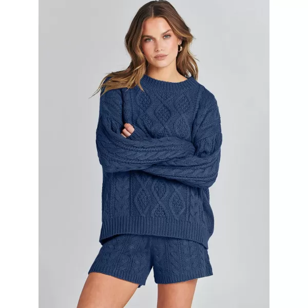 imageANRABESS Womens 2 Piece Outfits Long Sleeve Cable Knit Chunky Oversized Pullover Sweaters Winter Lounge Loungewear SetsNavy Blue