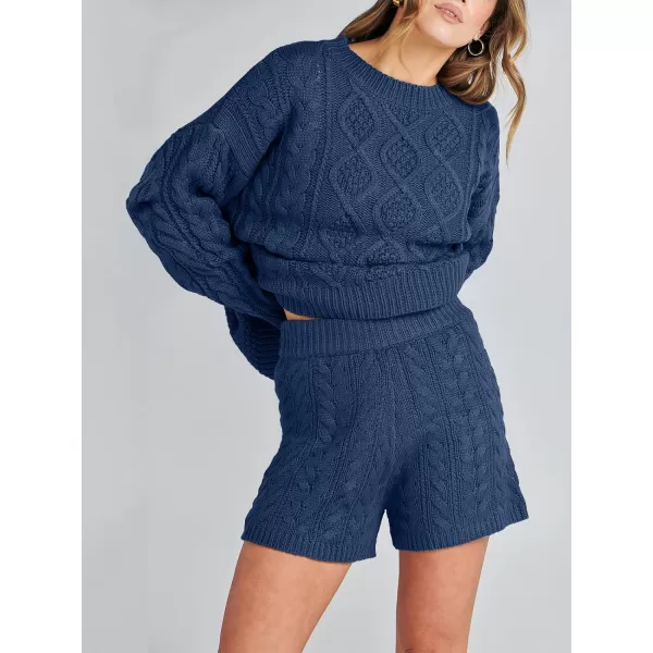 imageANRABESS Womens 2 Piece Outfits Long Sleeve Cable Knit Chunky Oversized Pullover Sweaters Winter Lounge Loungewear SetsNavy Blue