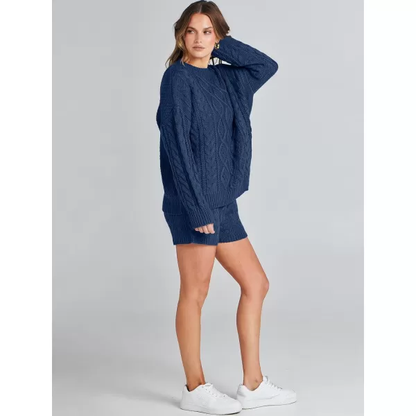 imageANRABESS Womens 2 Piece Outfits Long Sleeve Cable Knit Chunky Oversized Pullover Sweaters Winter Lounge Loungewear SetsNavy Blue