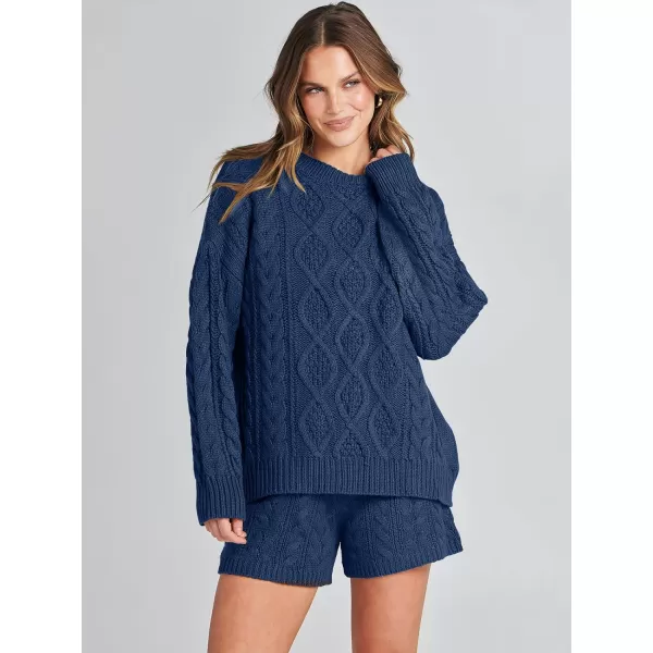 imageANRABESS Womens 2 Piece Outfits Long Sleeve Cable Knit Chunky Oversized Pullover Sweaters Winter Lounge Loungewear SetsNavy Blue