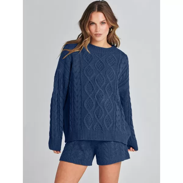 imageANRABESS Womens 2 Piece Outfits Long Sleeve Cable Knit Chunky Oversized Pullover Sweaters Winter Lounge Loungewear SetsNavy Blue