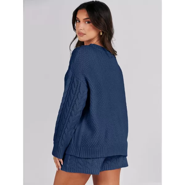 imageANRABESS Womens 2 Piece Outfits Long Sleeve Cable Knit Chunky Oversized Pullover Sweaters Winter Lounge Loungewear SetsNavy Blue