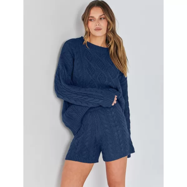 imageANRABESS Womens 2 Piece Outfits Long Sleeve Cable Knit Chunky Oversized Pullover Sweaters Winter Lounge Loungewear SetsNavy Blue