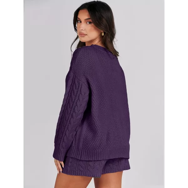 imageANRABESS Womens 2 Piece Outfits Long Sleeve Cable Knit Chunky Oversized Pullover Sweaters Winter Lounge Loungewear SetsPurple
