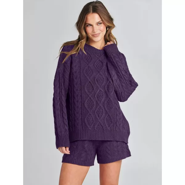 imageANRABESS Womens 2 Piece Outfits Long Sleeve Cable Knit Chunky Oversized Pullover Sweaters Winter Lounge Loungewear SetsPurple