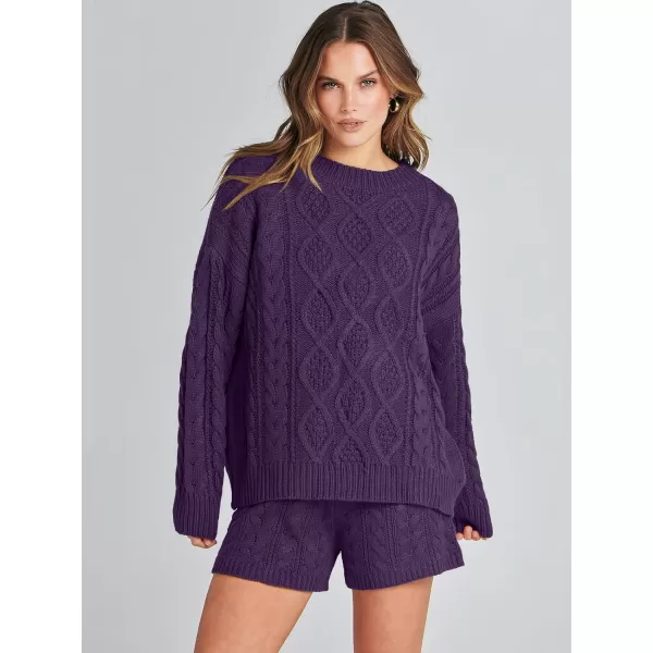 imageANRABESS Womens 2 Piece Outfits Long Sleeve Cable Knit Chunky Oversized Pullover Sweaters Winter Lounge Loungewear SetsPurple
