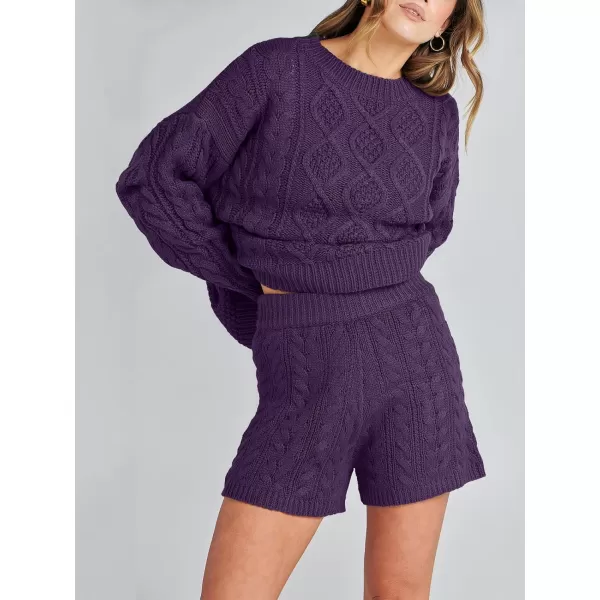 imageANRABESS Womens 2 Piece Outfits Long Sleeve Cable Knit Chunky Oversized Pullover Sweaters Winter Lounge Loungewear SetsPurple