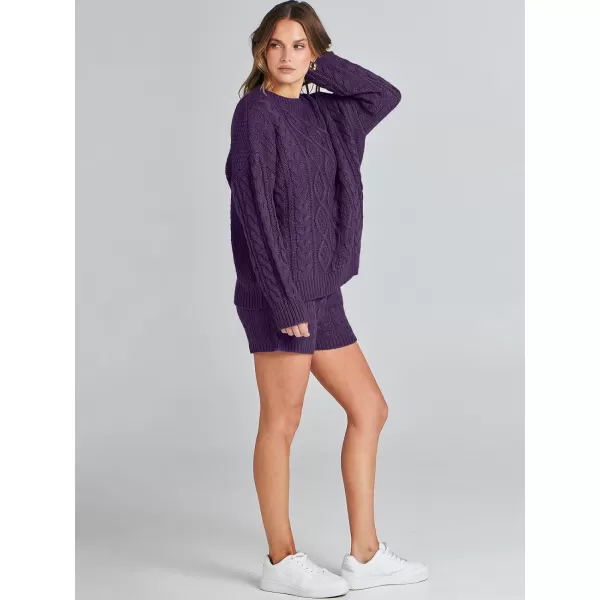 imageANRABESS Womens 2 Piece Outfits Long Sleeve Cable Knit Chunky Oversized Pullover Sweaters Winter Lounge Loungewear SetsPurple