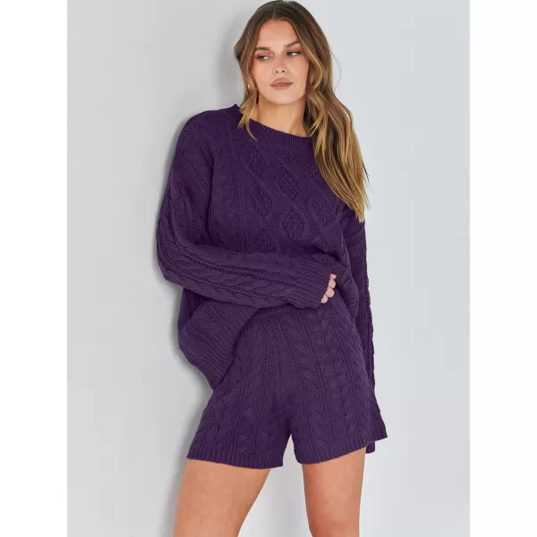 imageANRABESS Womens 2 Piece Outfits Long Sleeve Cable Knit Chunky Oversized Pullover Sweaters Winter Lounge Loungewear SetsPurple