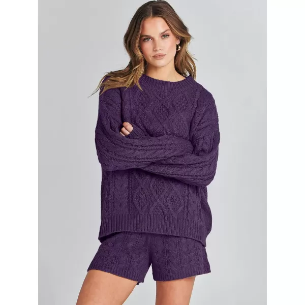 imageANRABESS Womens 2 Piece Outfits Long Sleeve Cable Knit Chunky Oversized Pullover Sweaters Winter Lounge Loungewear SetsPurple