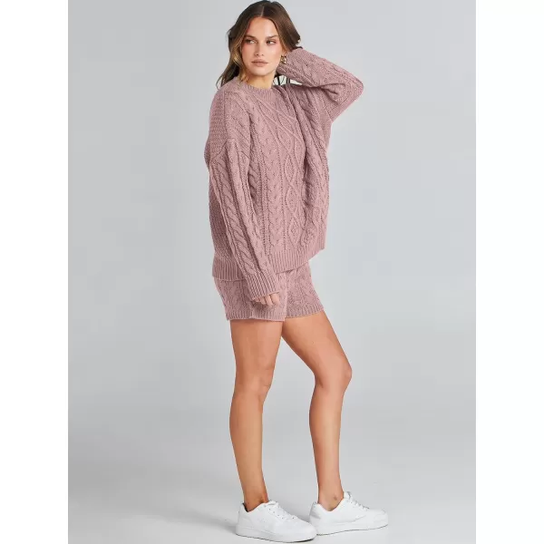 imageANRABESS Womens 2 Piece Outfits Long Sleeve Cable Knit Chunky Oversized Pullover Sweaters Winter Lounge Loungewear SetsRed Pink