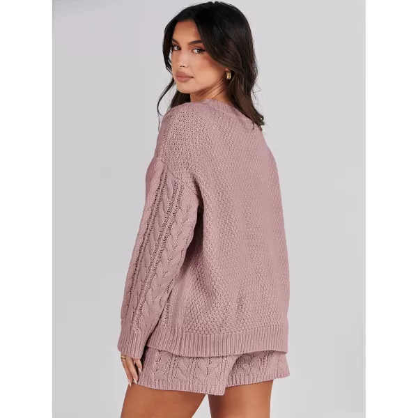 imageANRABESS Womens 2 Piece Outfits Long Sleeve Cable Knit Chunky Oversized Pullover Sweaters Winter Lounge Loungewear SetsRed Pink