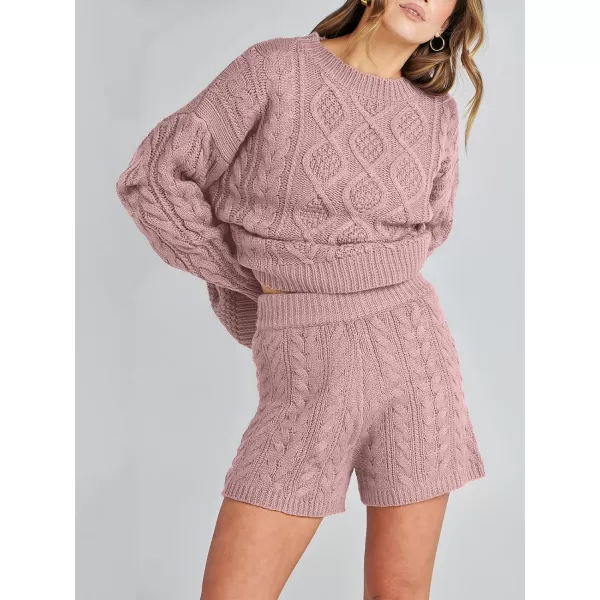 imageANRABESS Womens 2 Piece Outfits Long Sleeve Cable Knit Chunky Oversized Pullover Sweaters Winter Lounge Loungewear SetsRed Pink