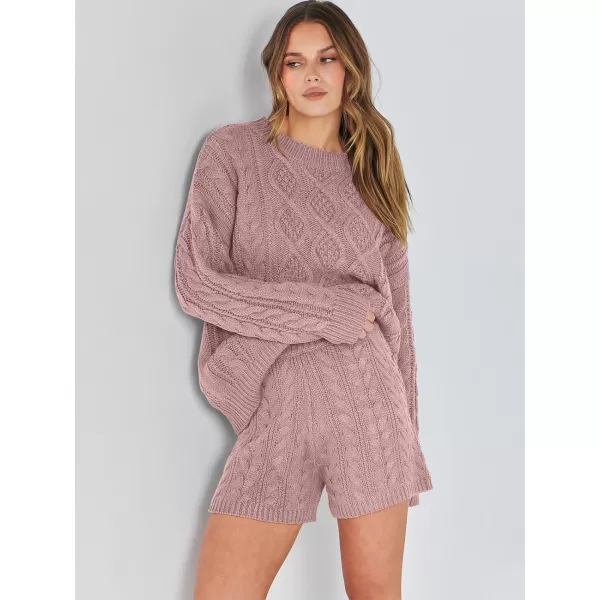 imageANRABESS Womens 2 Piece Outfits Long Sleeve Cable Knit Chunky Oversized Pullover Sweaters Winter Lounge Loungewear SetsRed Pink