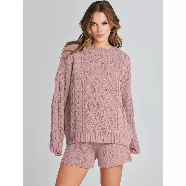 imageANRABESS Womens 2 Piece Outfits Long Sleeve Cable Knit Chunky Oversized Pullover Sweaters Winter Lounge Loungewear SetsRed Pink