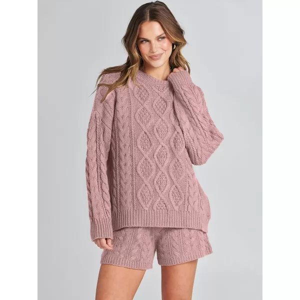 imageANRABESS Womens 2 Piece Outfits Long Sleeve Cable Knit Chunky Oversized Pullover Sweaters Winter Lounge Loungewear SetsRed Pink