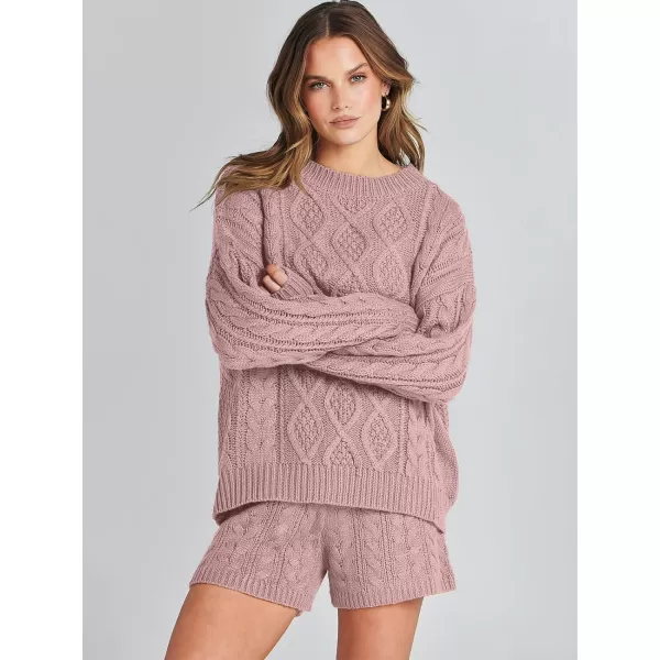 imageANRABESS Womens 2 Piece Outfits Long Sleeve Cable Knit Chunky Oversized Pullover Sweaters Winter Lounge Loungewear SetsRed Pink