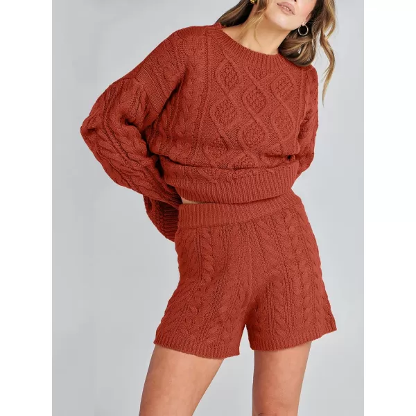 imageANRABESS Womens 2 Piece Outfits Long Sleeve Cable Knit Chunky Oversized Pullover Sweaters Winter Lounge Loungewear SetsRust