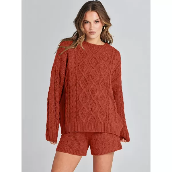 imageANRABESS Womens 2 Piece Outfits Long Sleeve Cable Knit Chunky Oversized Pullover Sweaters Winter Lounge Loungewear SetsRust