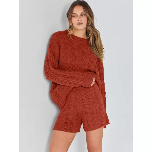 imageANRABESS Womens 2 Piece Outfits Long Sleeve Cable Knit Chunky Oversized Pullover Sweaters Winter Lounge Loungewear SetsRust