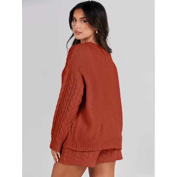 imageANRABESS Womens 2 Piece Outfits Long Sleeve Cable Knit Chunky Oversized Pullover Sweaters Winter Lounge Loungewear SetsRust