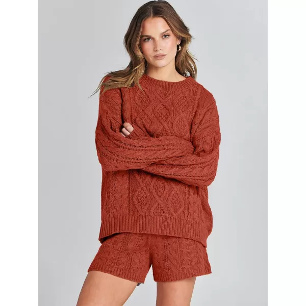 imageANRABESS Womens 2 Piece Outfits Long Sleeve Cable Knit Chunky Oversized Pullover Sweaters Winter Lounge Loungewear SetsRust