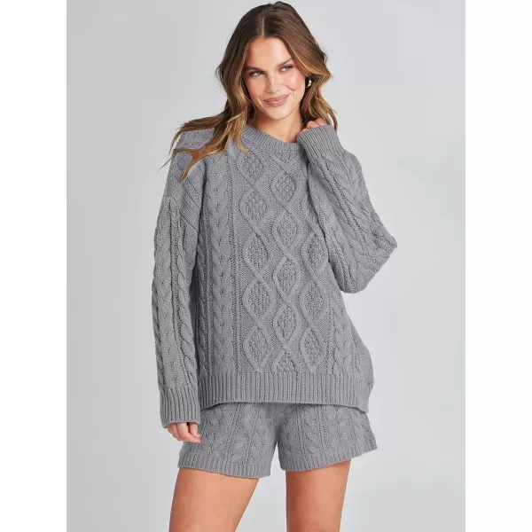 imageANRABESS Womens 2 Piece Outfits Long Sleeve Cable Knit Chunky Oversized Pullover Sweaters Winter Lounge Loungewear SetsSilver Grey