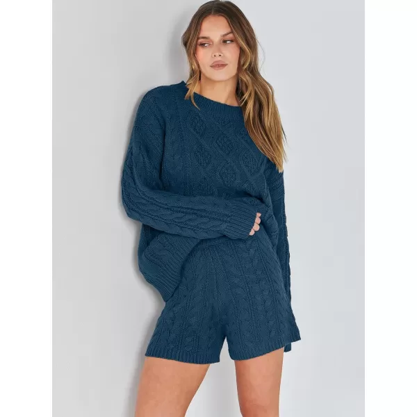 imageANRABESS Womens 2 Piece Outfits Long Sleeve Cable Knit Chunky Oversized Pullover Sweaters Winter Lounge Loungewear SetsTeal