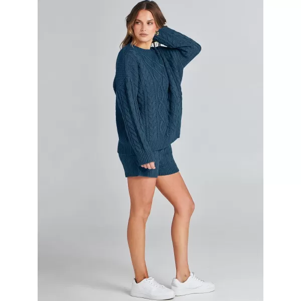 imageANRABESS Womens 2 Piece Outfits Long Sleeve Cable Knit Chunky Oversized Pullover Sweaters Winter Lounge Loungewear SetsTeal