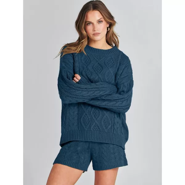 imageANRABESS Womens 2 Piece Outfits Long Sleeve Cable Knit Chunky Oversized Pullover Sweaters Winter Lounge Loungewear SetsTeal