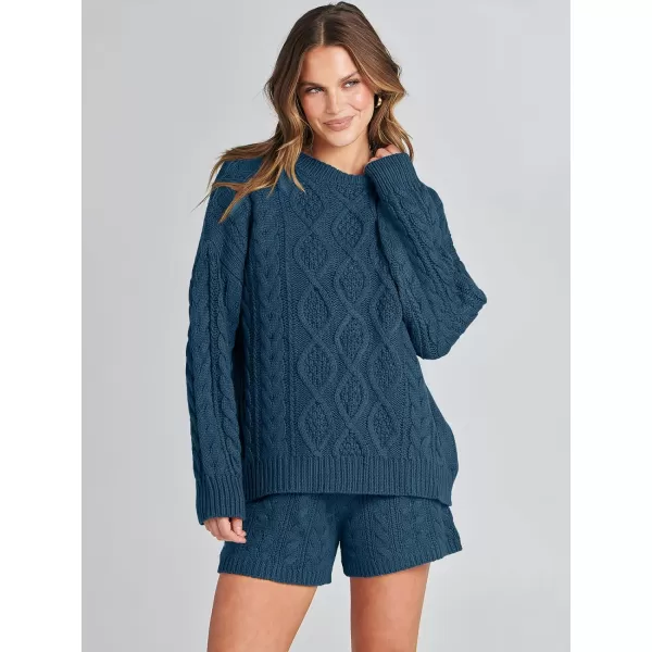 imageANRABESS Womens 2 Piece Outfits Long Sleeve Cable Knit Chunky Oversized Pullover Sweaters Winter Lounge Loungewear SetsTeal