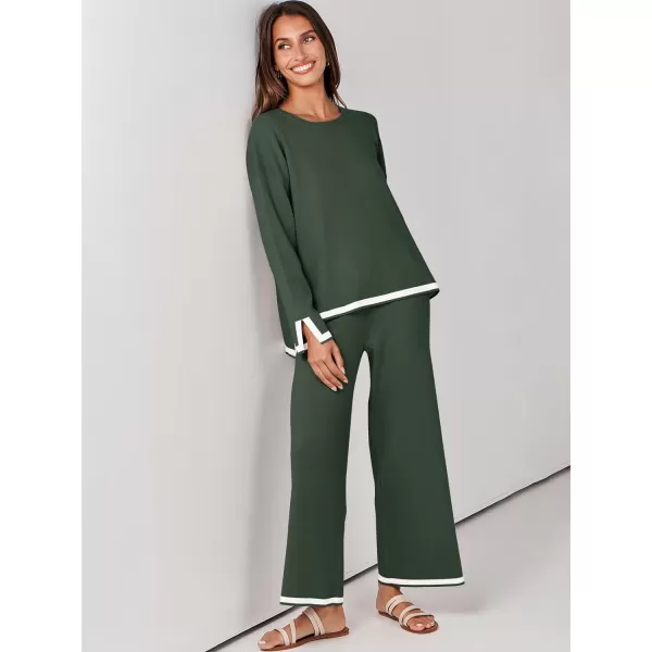 imageANRABESS Womens 2 Piece Outfits Long Sleeve Knit Sweater Top Wide Leg Pants Casual Lounge Sets Travel TracksuitsArmy Green