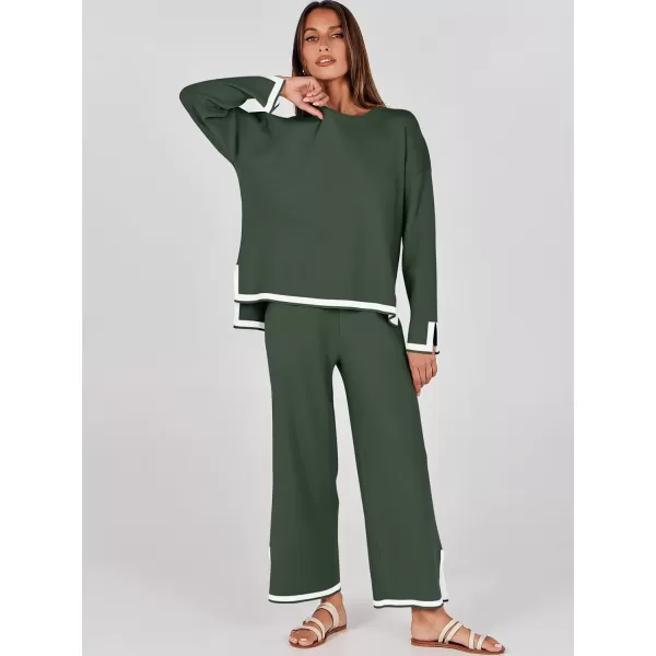imageANRABESS Womens 2 Piece Outfits Long Sleeve Knit Sweater Top Wide Leg Pants Casual Lounge Sets Travel TracksuitsArmy Green