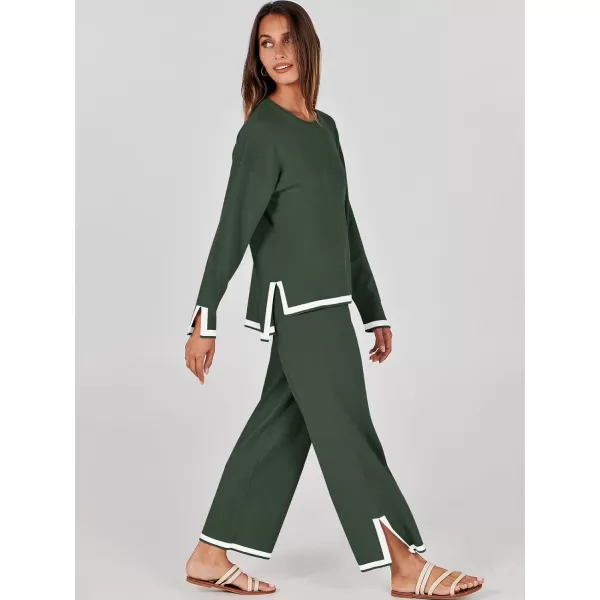 imageANRABESS Womens 2 Piece Outfits Long Sleeve Knit Sweater Top Wide Leg Pants Casual Lounge Sets Travel TracksuitsArmy Green