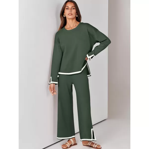 imageANRABESS Womens 2 Piece Outfits Long Sleeve Knit Sweater Top Wide Leg Pants Casual Lounge Sets Travel TracksuitsArmy Green