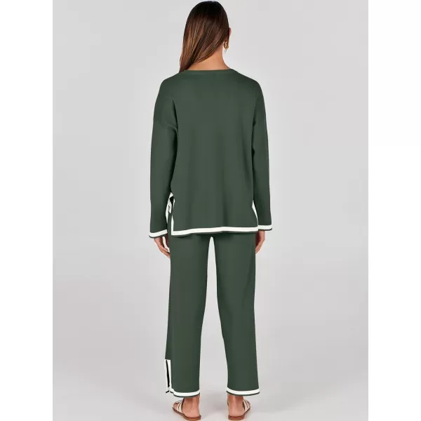 imageANRABESS Womens 2 Piece Outfits Long Sleeve Knit Sweater Top Wide Leg Pants Casual Lounge Sets Travel TracksuitsArmy Green