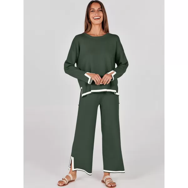 imageANRABESS Womens 2 Piece Outfits Long Sleeve Knit Sweater Top Wide Leg Pants Casual Lounge Sets Travel TracksuitsArmy Green