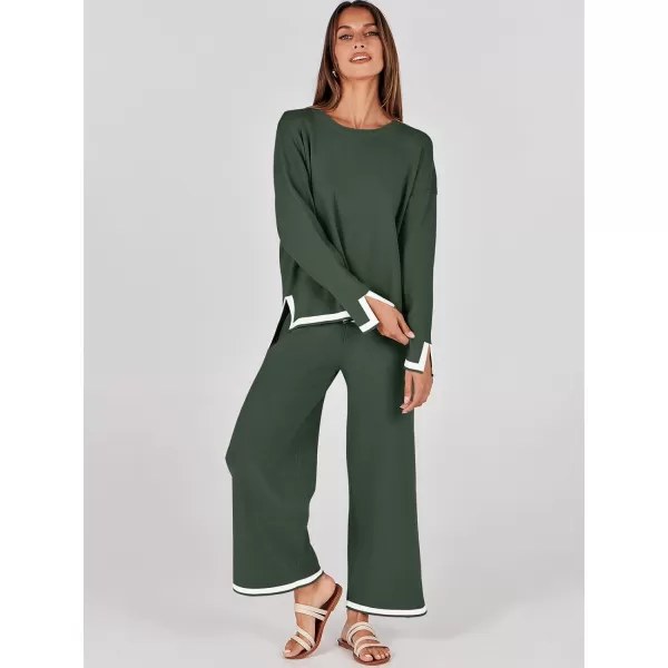 imageANRABESS Womens 2 Piece Outfits Long Sleeve Knit Sweater Top Wide Leg Pants Casual Lounge Sets Travel TracksuitsArmy Green