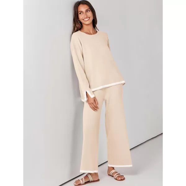 imageANRABESS Womens 2 Piece Outfits Long Sleeve Knit Sweater Top Wide Leg Pants Casual Lounge Sets Travel TracksuitsBeige