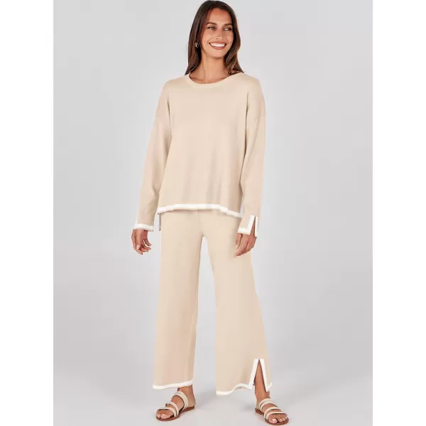 imageANRABESS Womens 2 Piece Outfits Long Sleeve Knit Sweater Top Wide Leg Pants Casual Lounge Sets Travel TracksuitsBeige