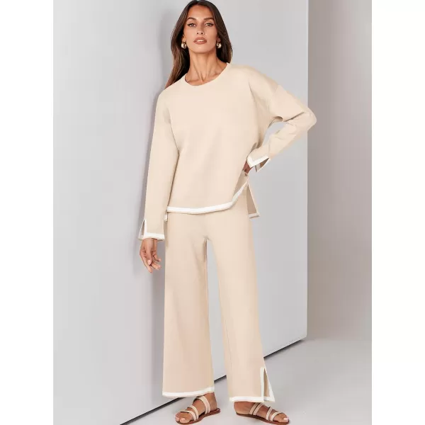 imageANRABESS Womens 2 Piece Outfits Long Sleeve Knit Sweater Top Wide Leg Pants Casual Lounge Sets Travel TracksuitsBeige